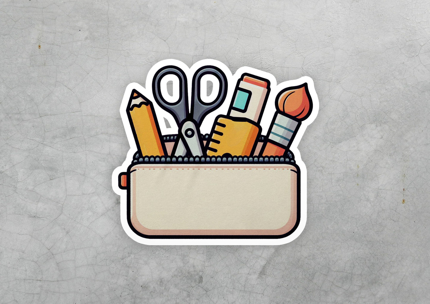 a sticker of scissors, pencils, and other items in a pocket