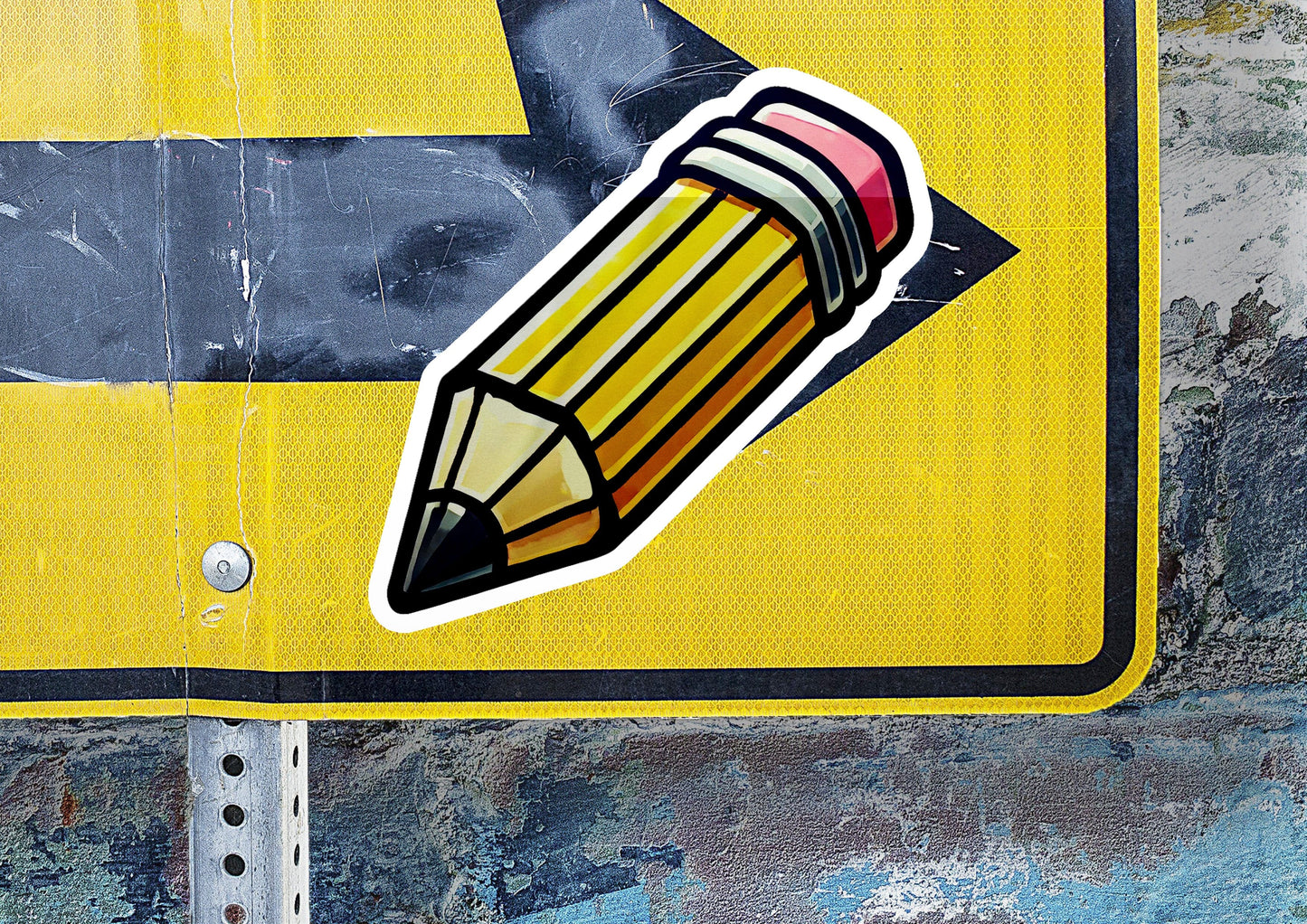 a close up of a street sign with a pencil on it