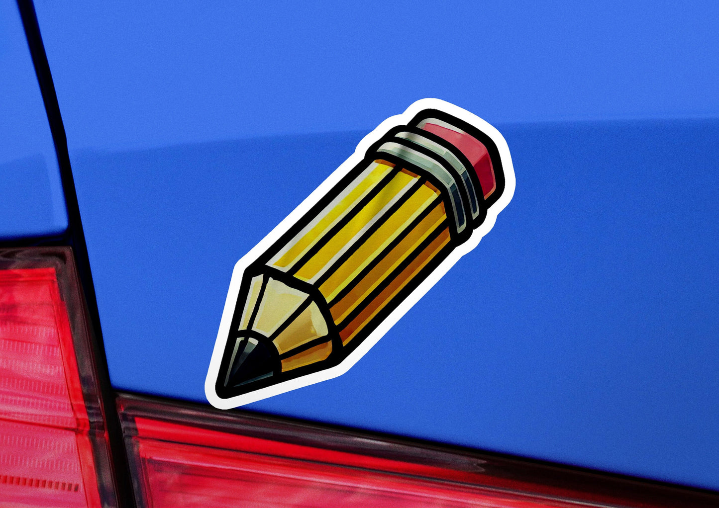 a sticker of a pencil sticking out of the back of a car