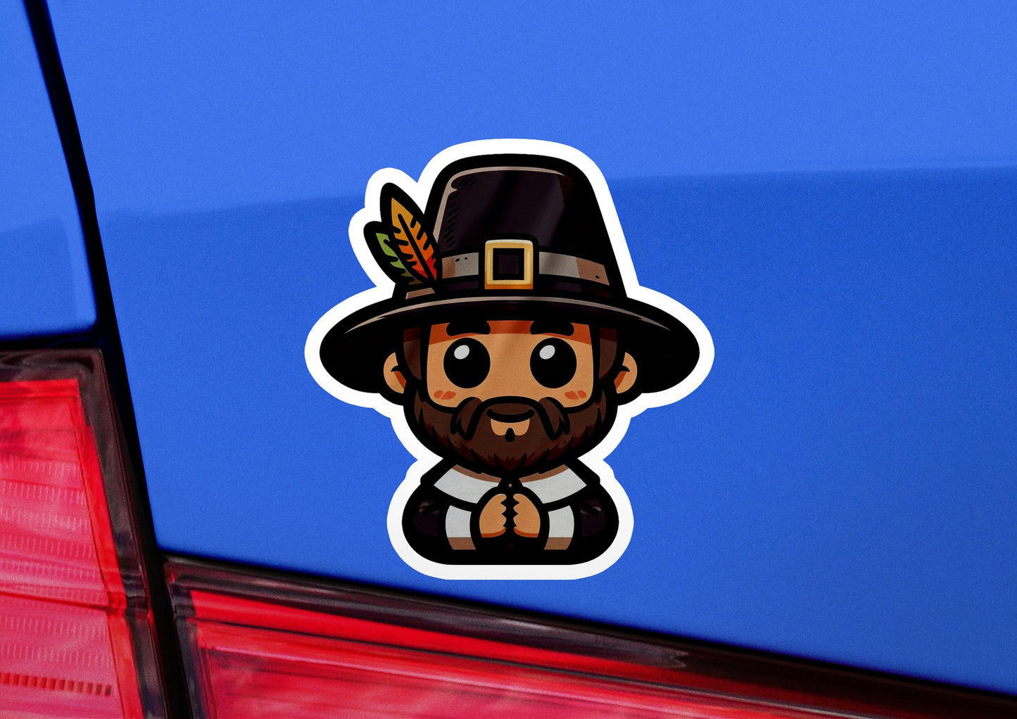 a car with a sticker of a man wearing a hat