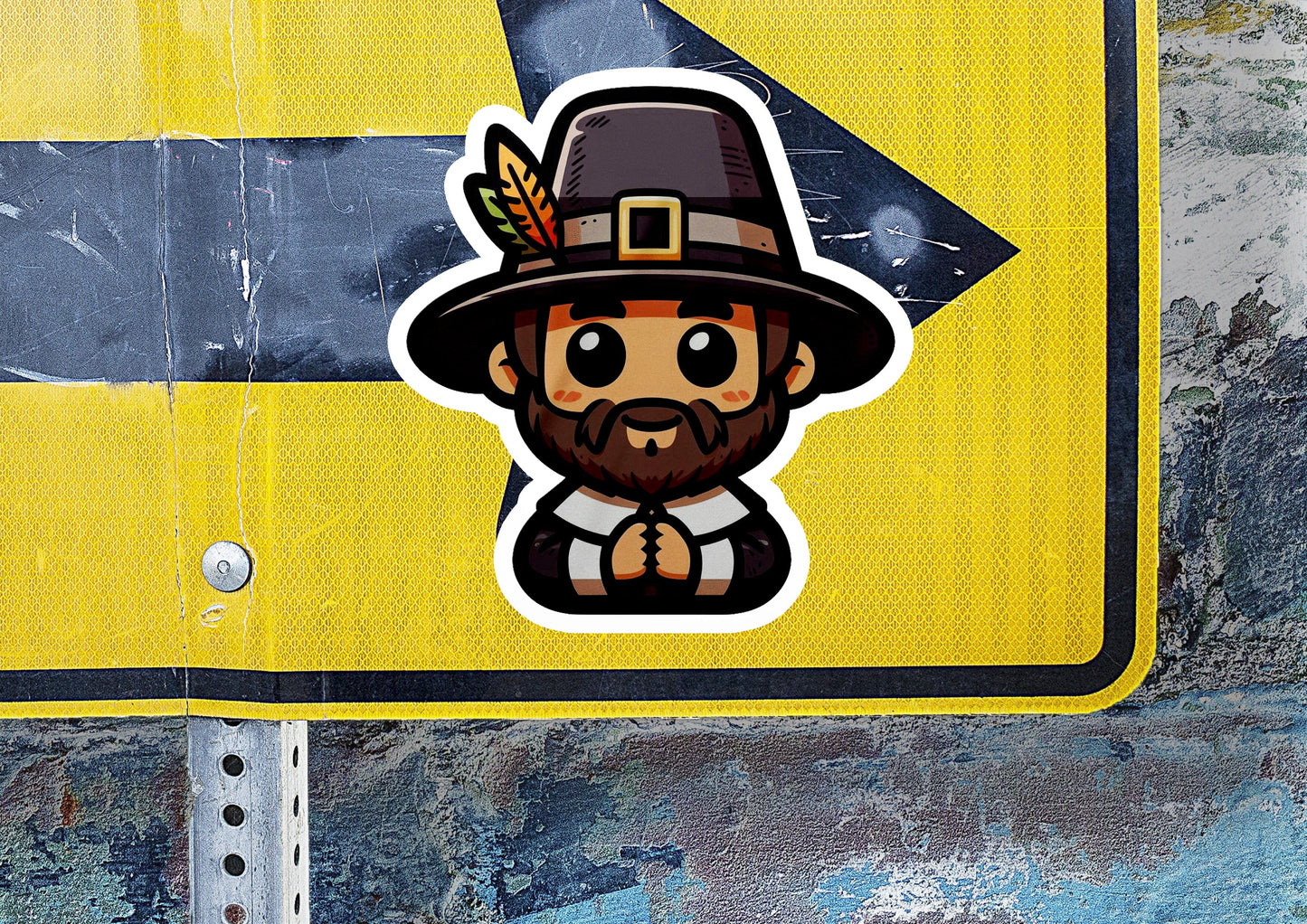 a street sign with a sticker of a man wearing a hat