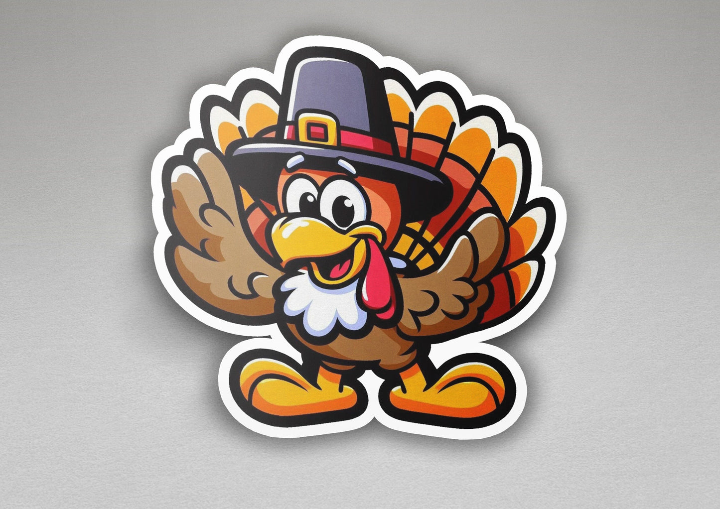 a sticker of a turkey wearing a pilgrim hat