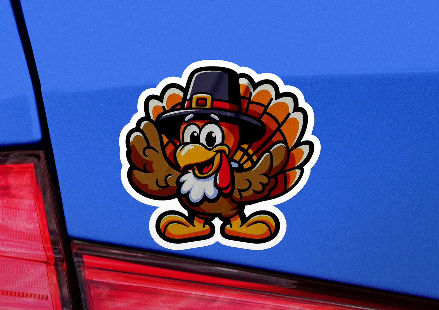 a sticker of a turkey wearing a pilgrim hat