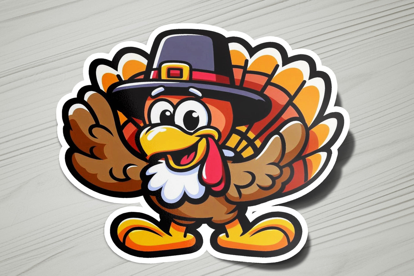 a sticker of a turkey wearing a pilgrim hat