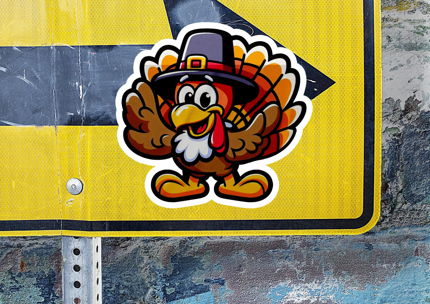a sticker of a turkey wearing a pilgrim hat