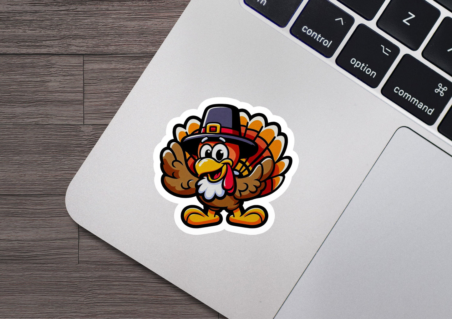 a sticker of a turkey wearing a pilgrim hat
