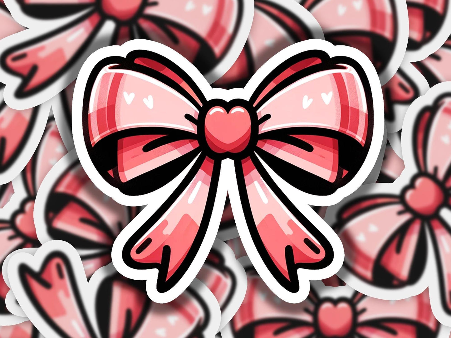 a sticker of a pink bow with hearts on it
