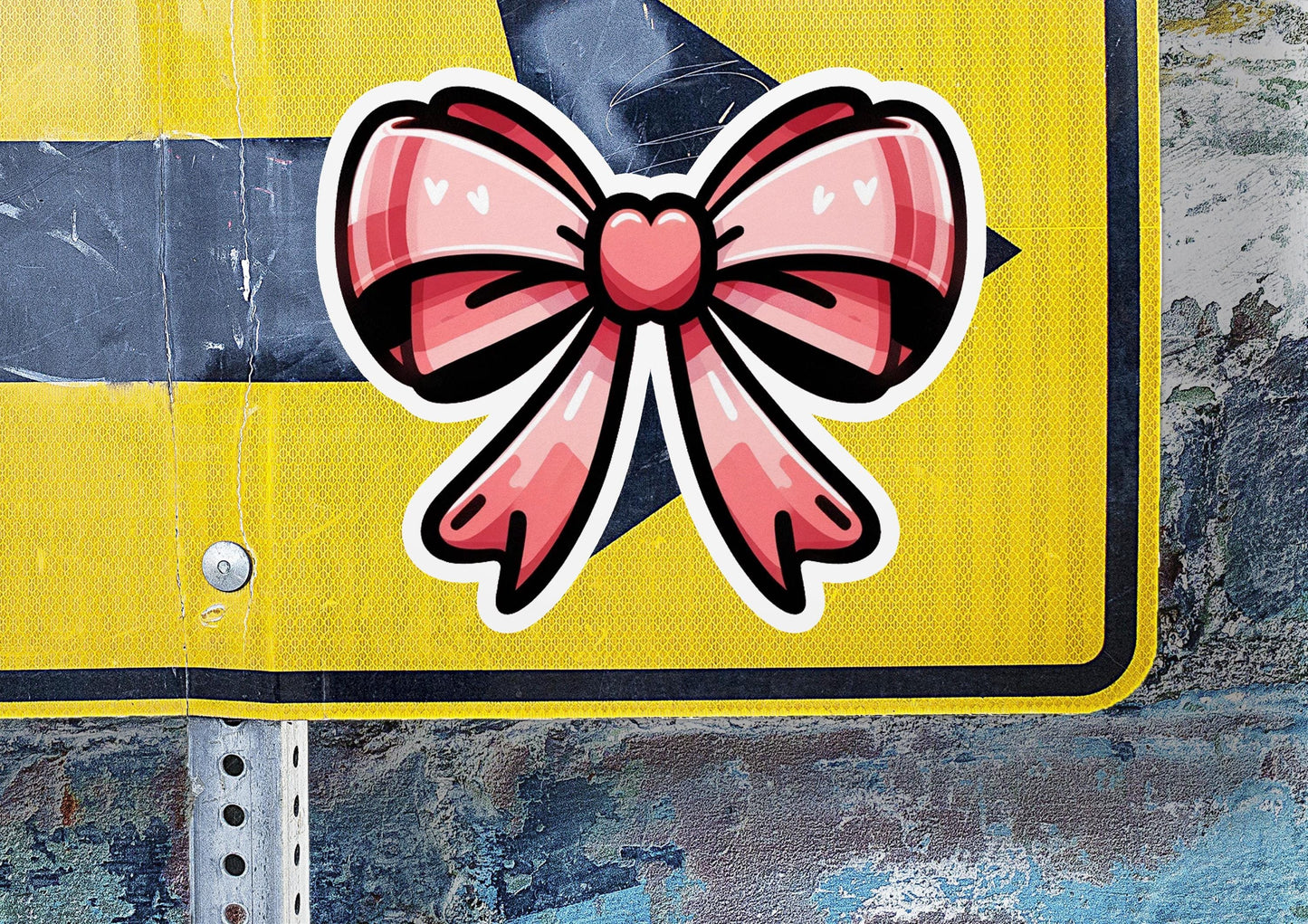 a close up of a street sign with a bow on it