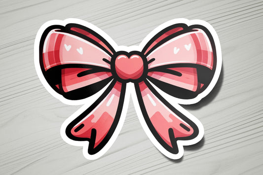 a sticker of a pink bow with hearts on it