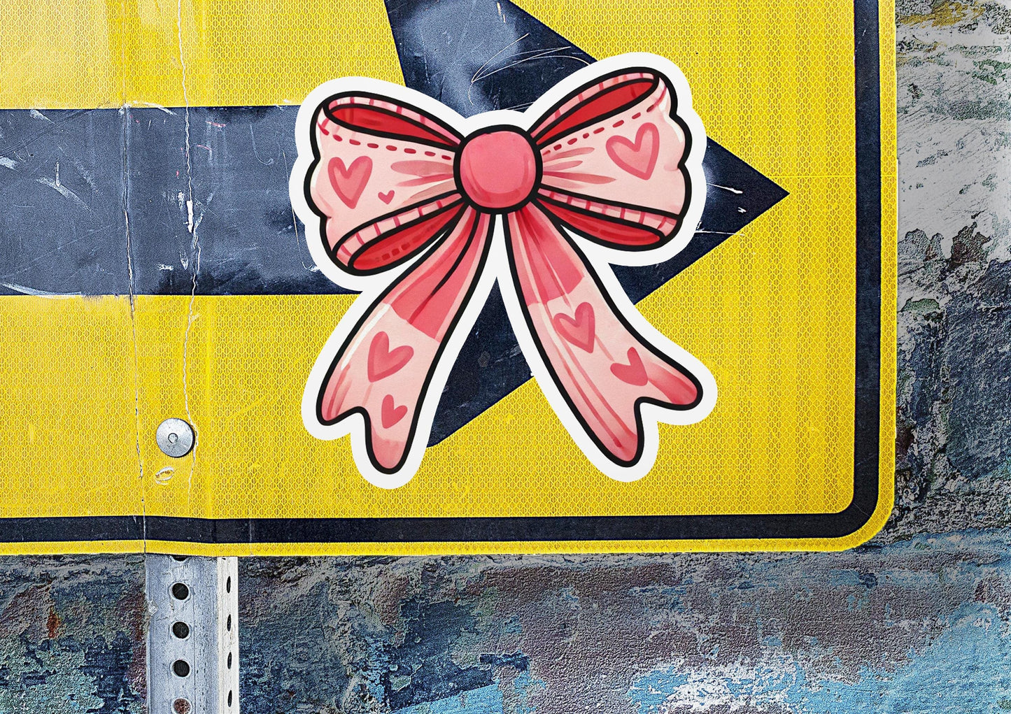 a close up of a street sign with a bow