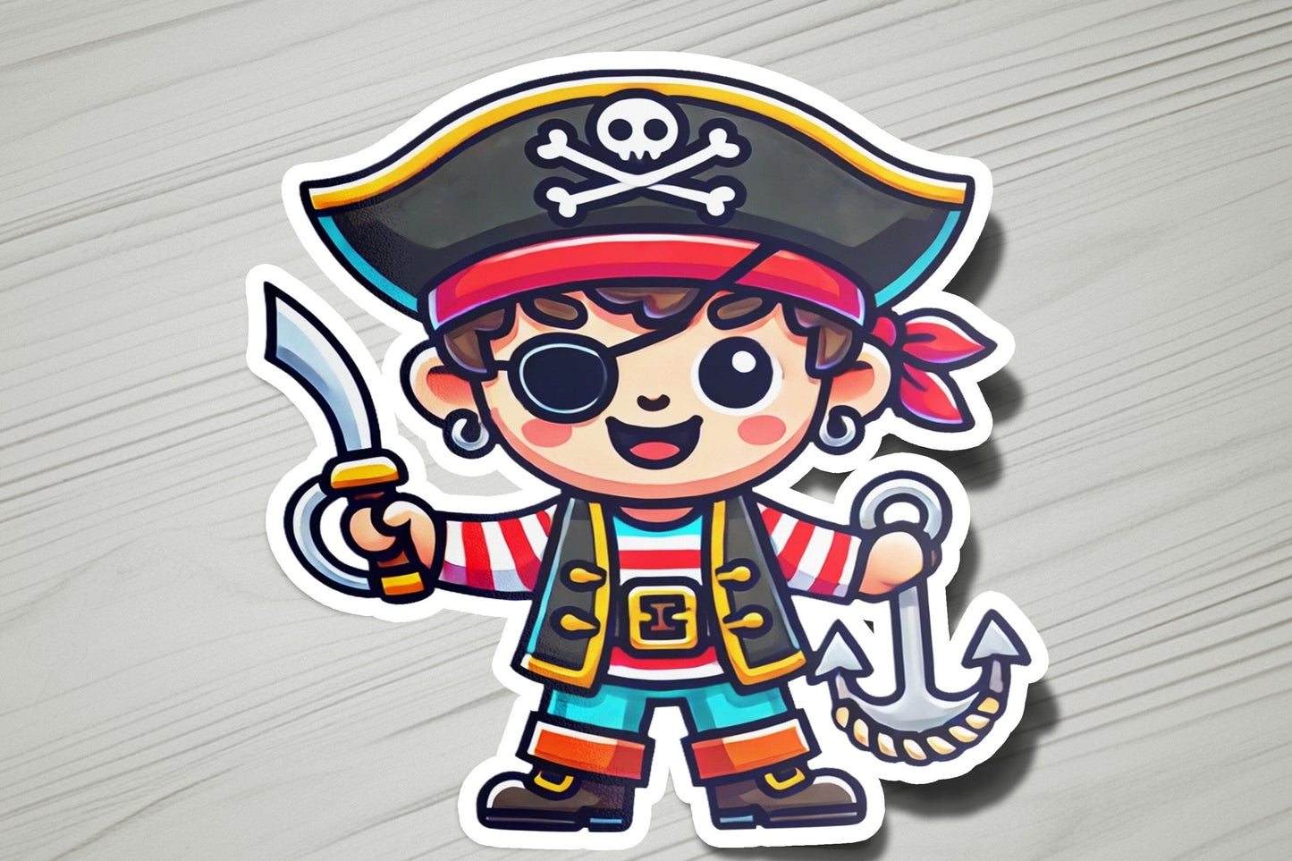 a sticker of a cartoon pirate with a sword
