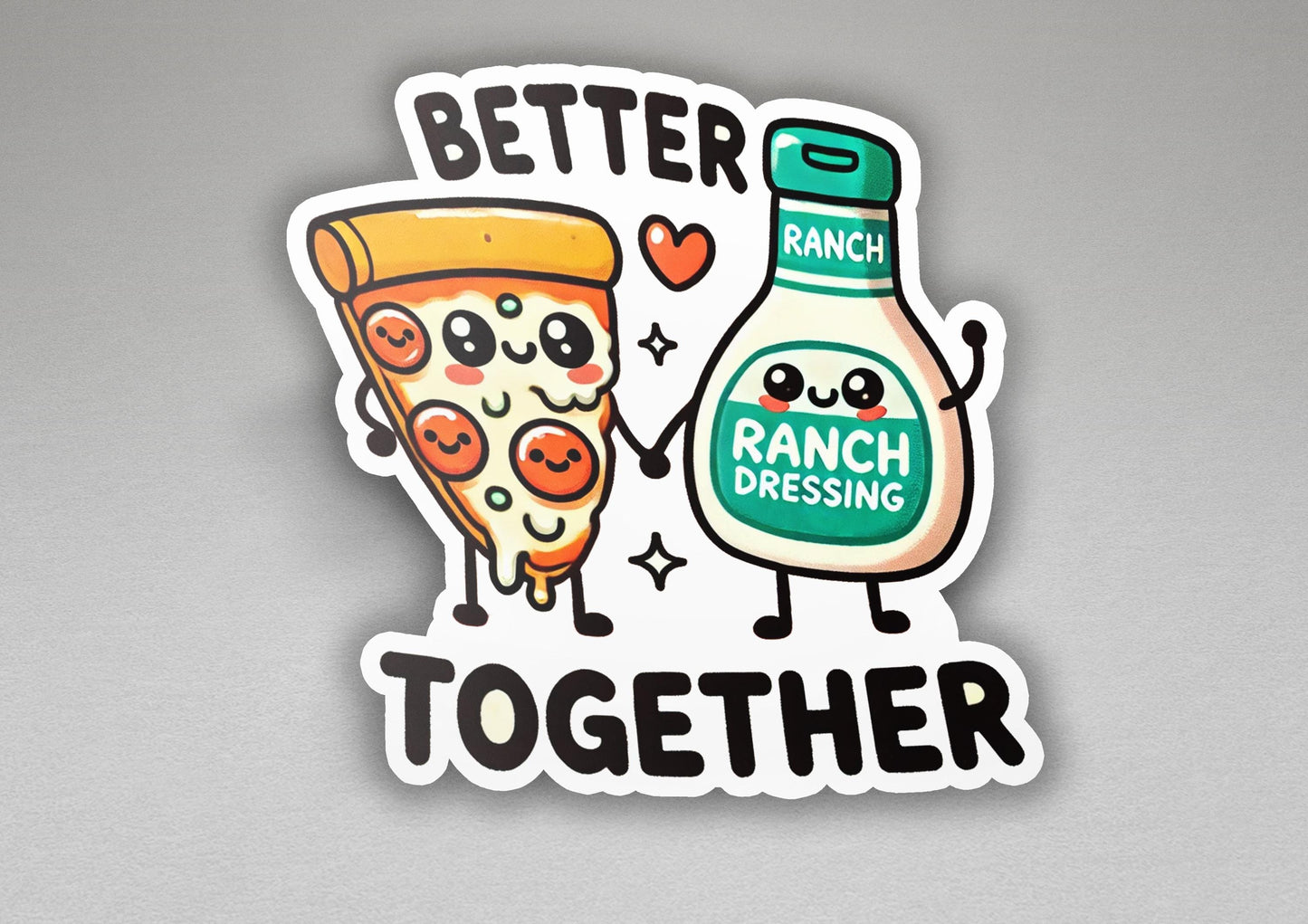 a sticker with a bottle of ranch dressing next to a slice of pizza