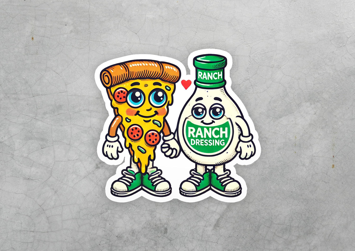 a sticker of a pizza and a bottle of ranch dressing