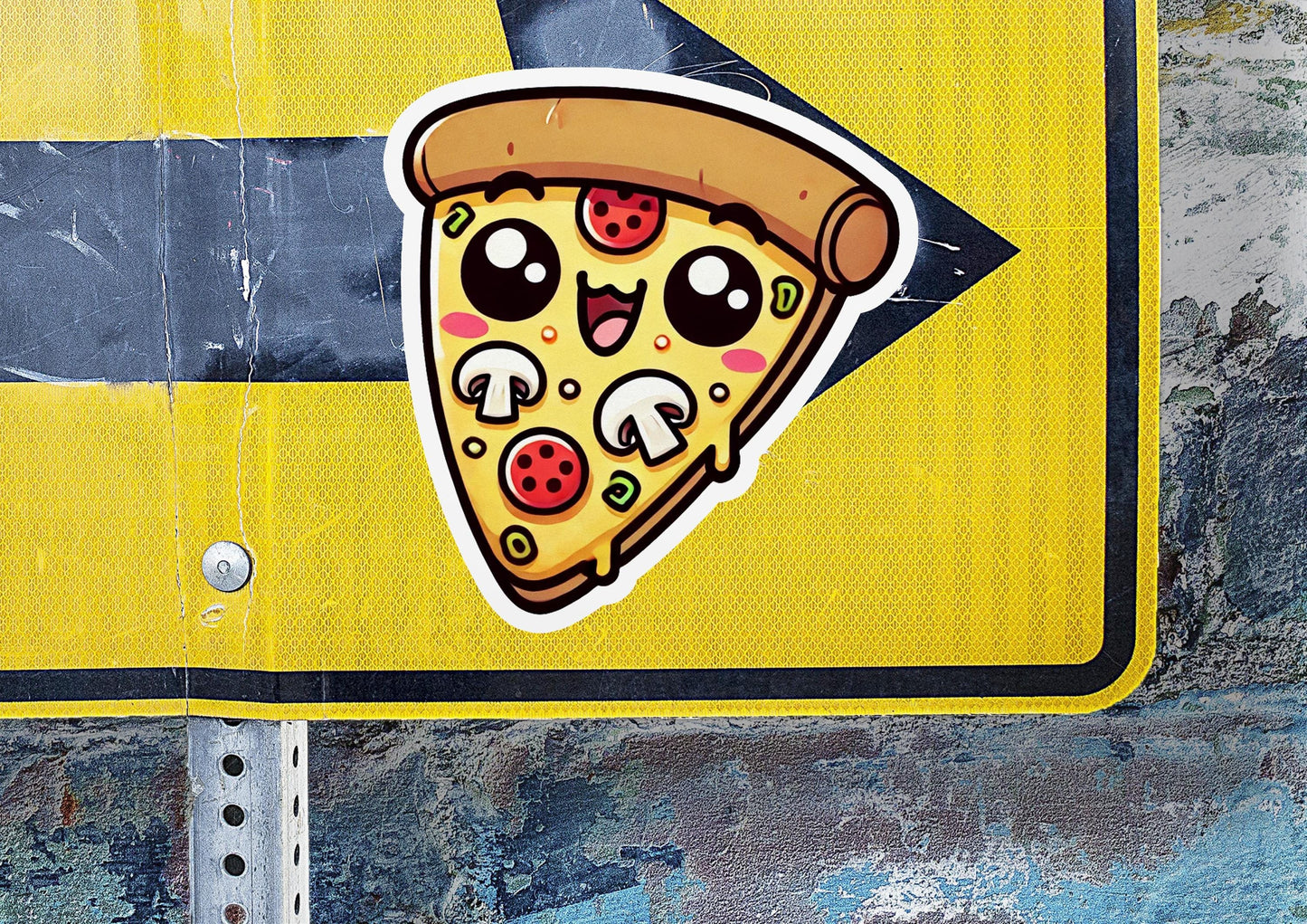 a close up of a street sign with a slice of pizza on it