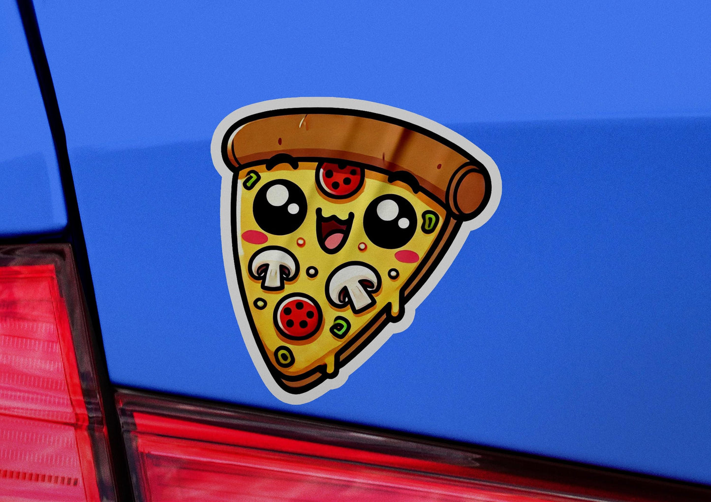 a sticker of a slice of pizza on the back of a car