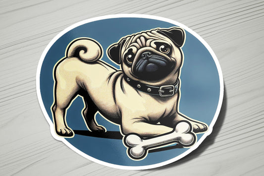 a sticker of a pug dog with a bone in its mouth
