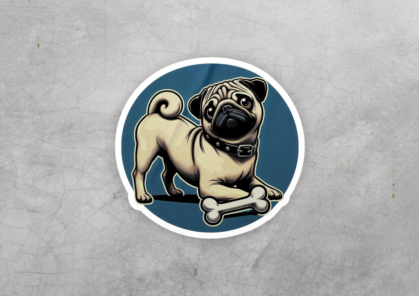 a sticker of a pug dog with a bone in its mouth