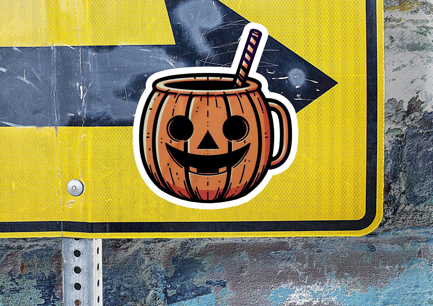 a sticker of a pumpkin mug with a straw sticking out of it