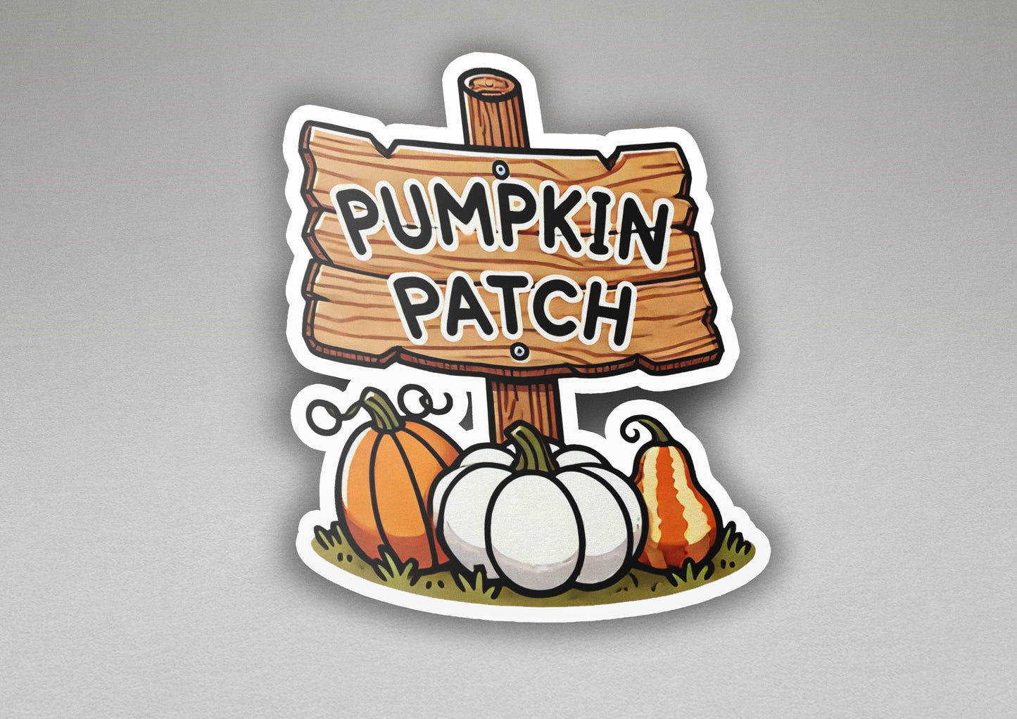 a sticker of a sign with pumpkins around it
