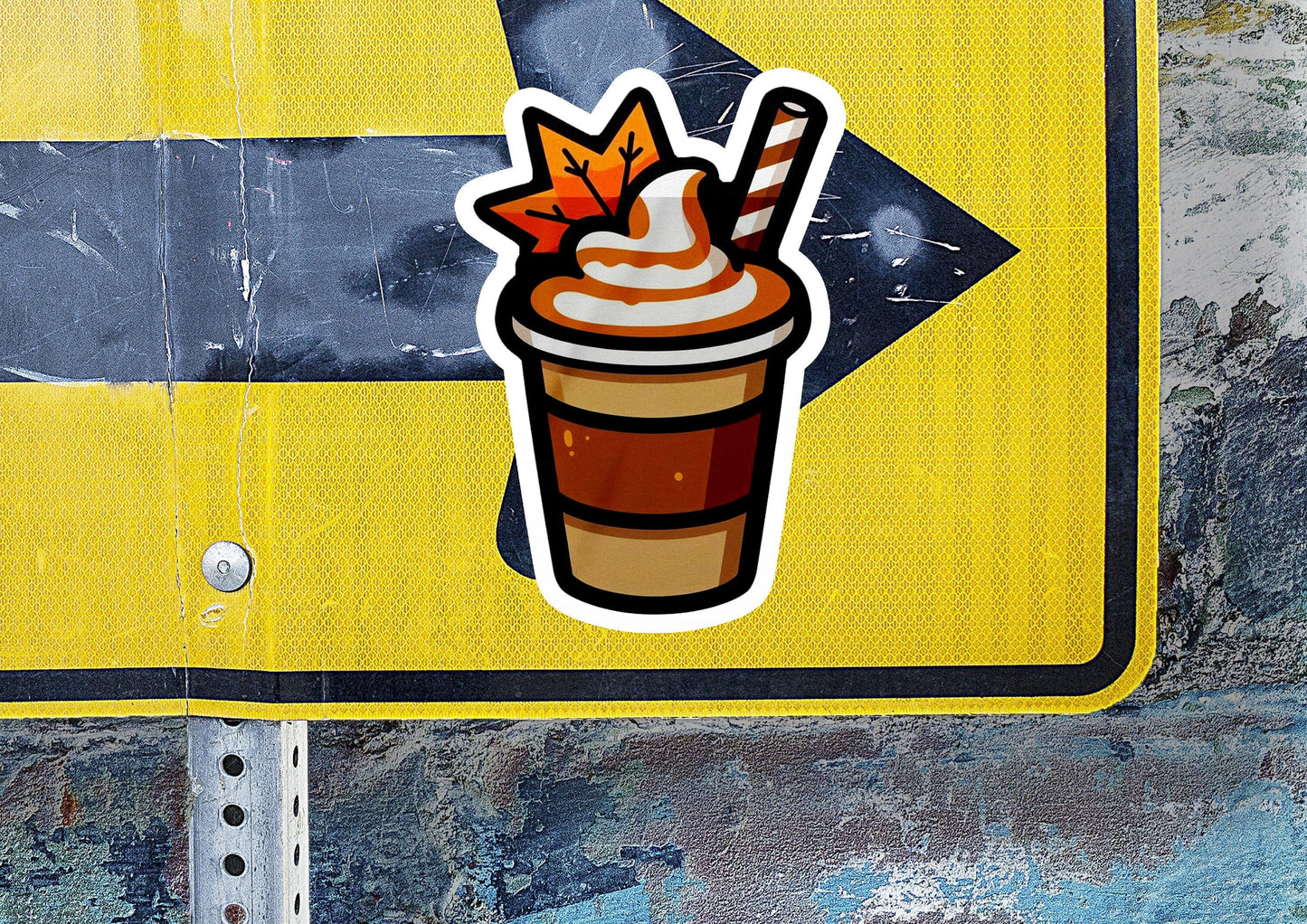 a yellow street sign with a picture of a drink on it