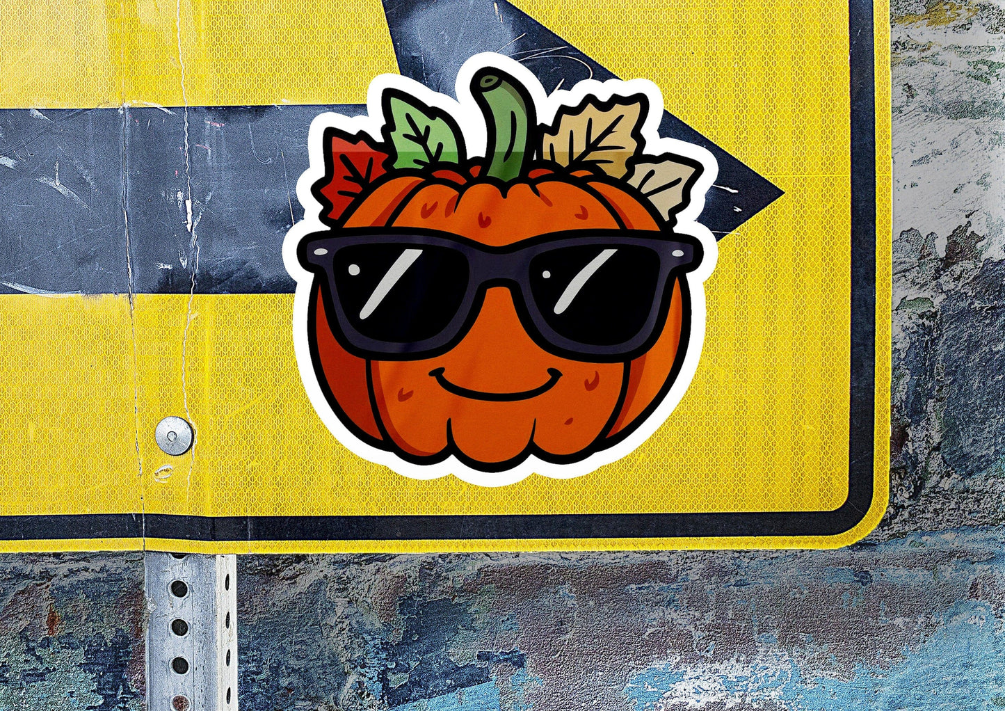 a sticker of a pumpkin wearing sunglasses
