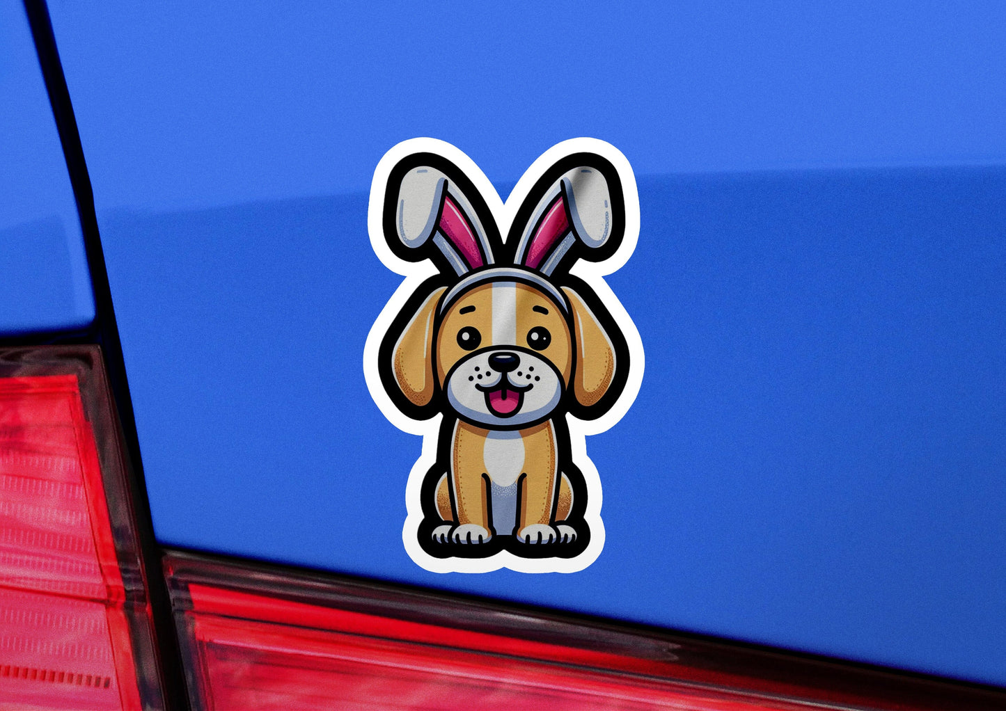 a sticker of a dog with bunny ears