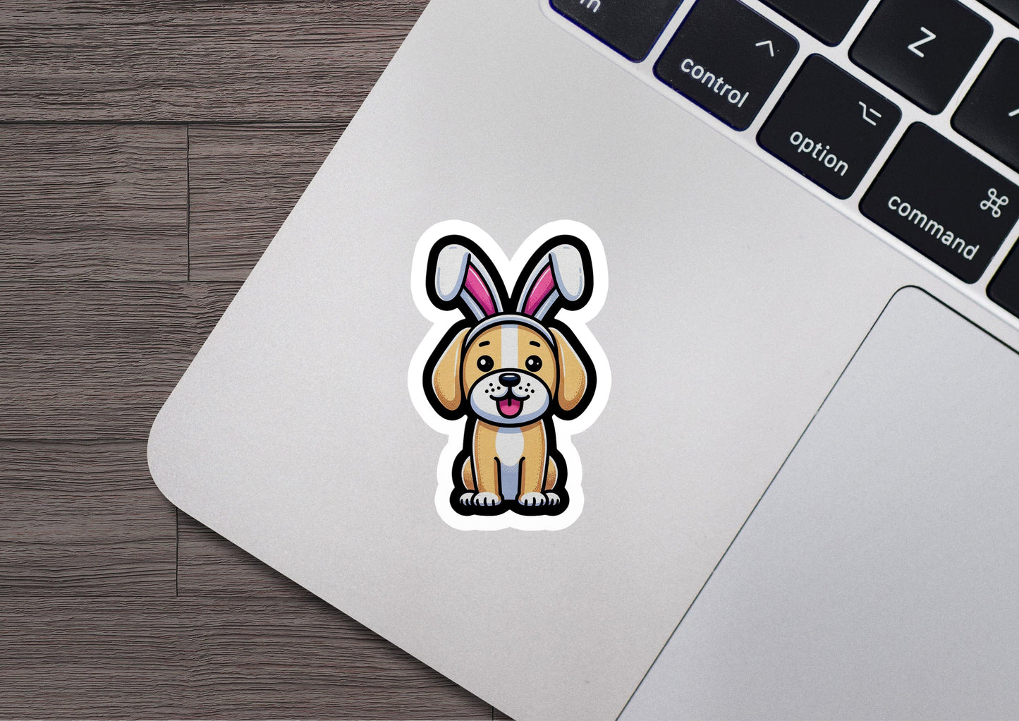 a sticker of a dog with a bunny ears on it