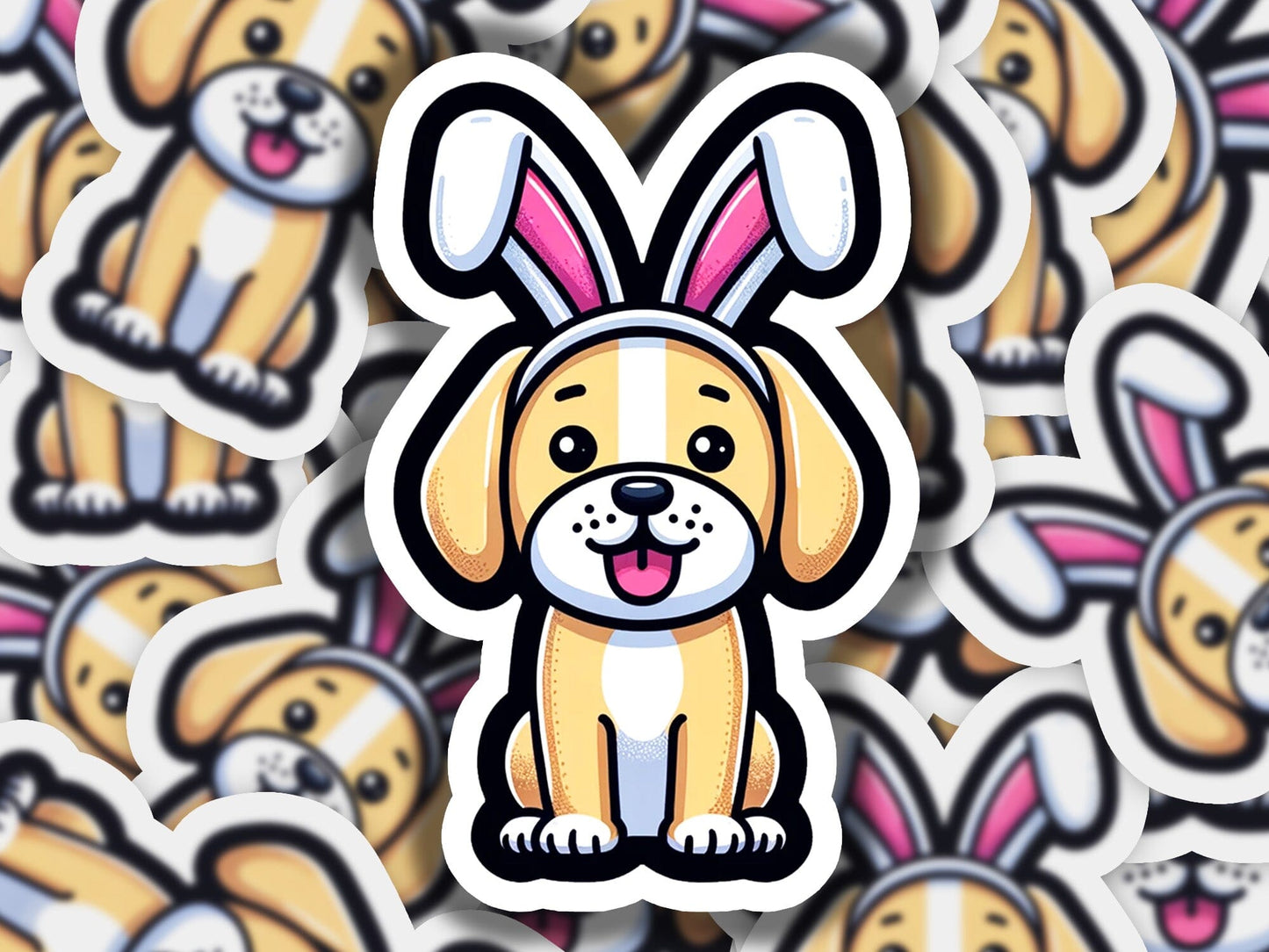 a sticker of a dog with bunny ears