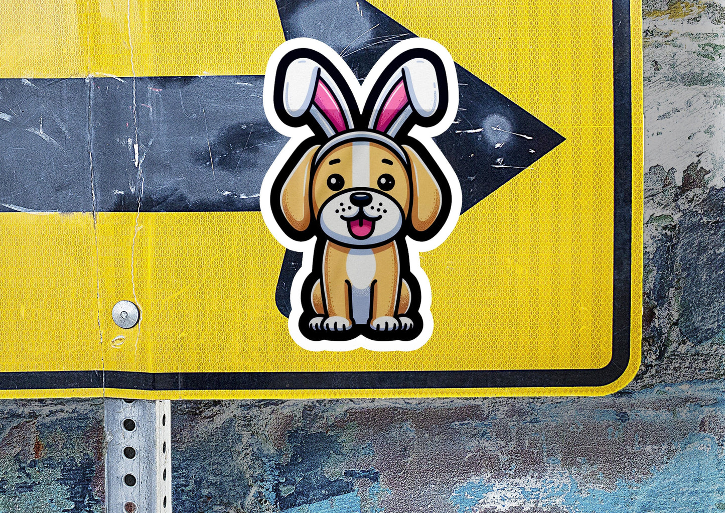 a close up of a street sign with a dog