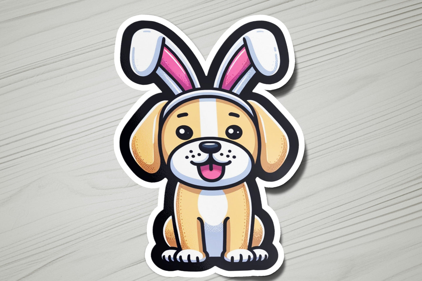 a sticker of a dog with bunny ears