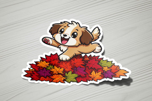 a sticker of a dog sitting on top of a pile of leaves
