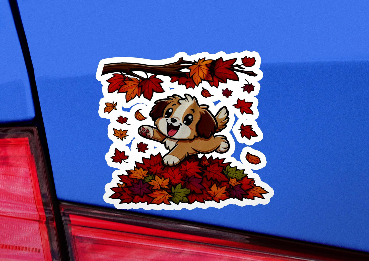a sticker of a dog sitting on top of leaves