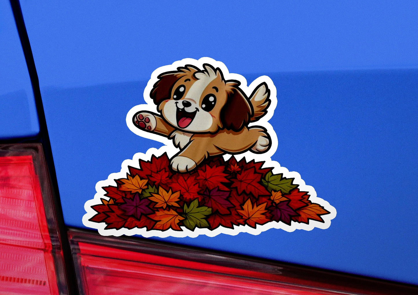 a sticker of a dog sitting on top of a car
