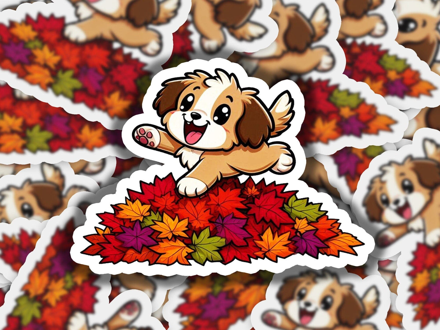 a sticker of a dog sitting on top of a pile of leaves