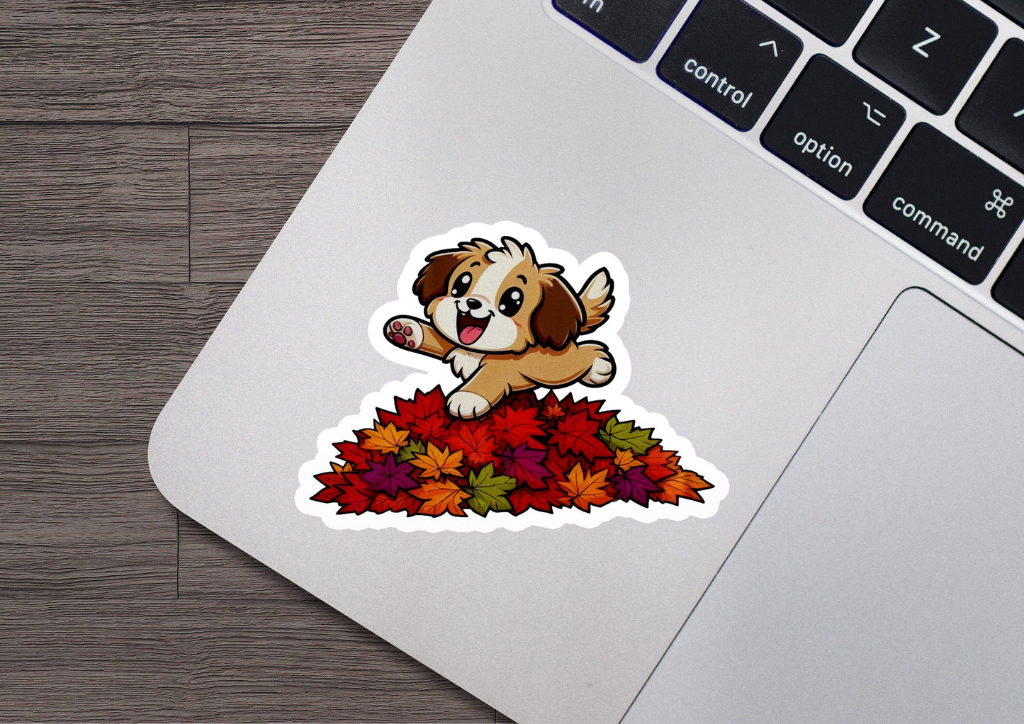 a sticker of a dog sitting on top of a pile of leaves