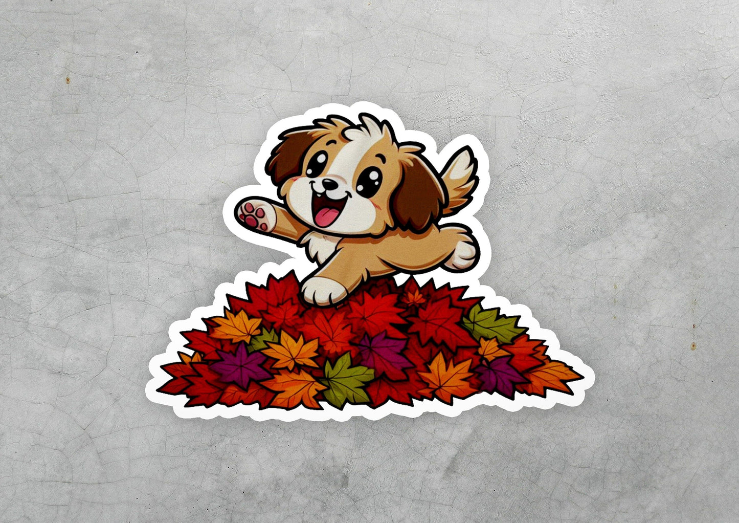 a sticker of a dog sitting on top of a pile of leaves