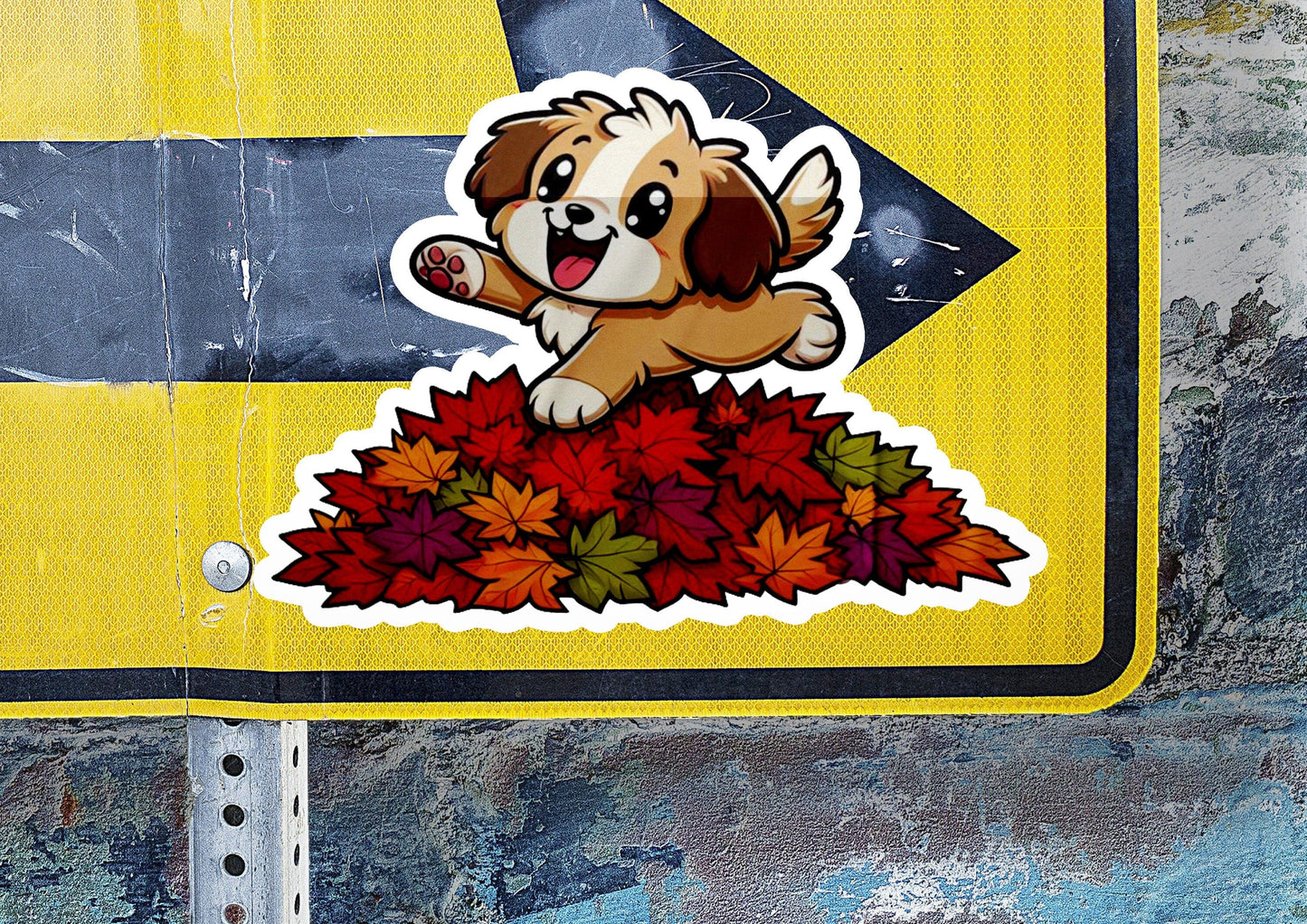 a sticker of a dog jumping over a pile of leaves