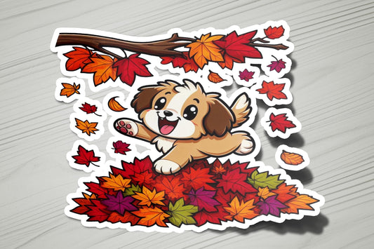 a sticker of a dog sitting on top of a pile of leaves