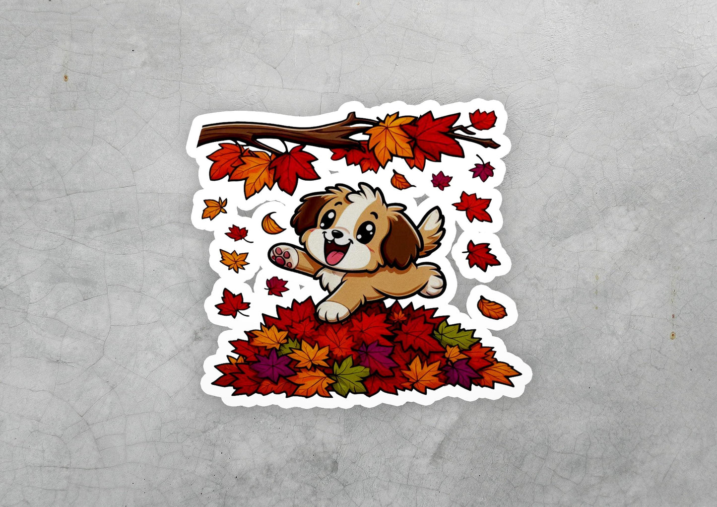 a sticker of a dog sitting on top of a pile of leaves