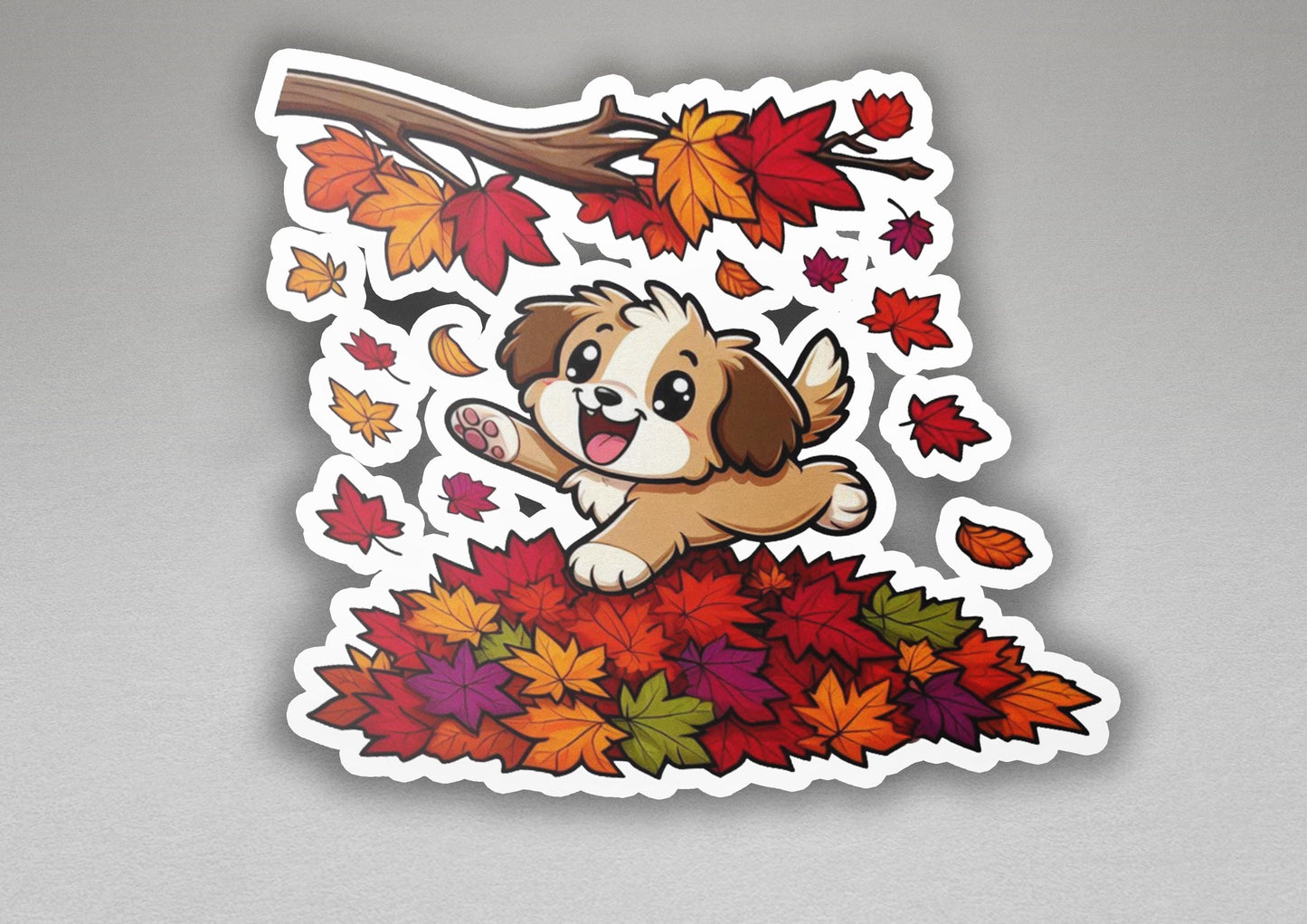 a sticker of a dog jumping over a pile of leaves