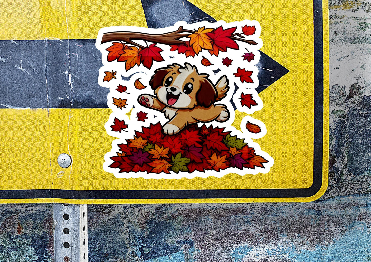 a sticker of a dog sitting on top of a pile of leaves
