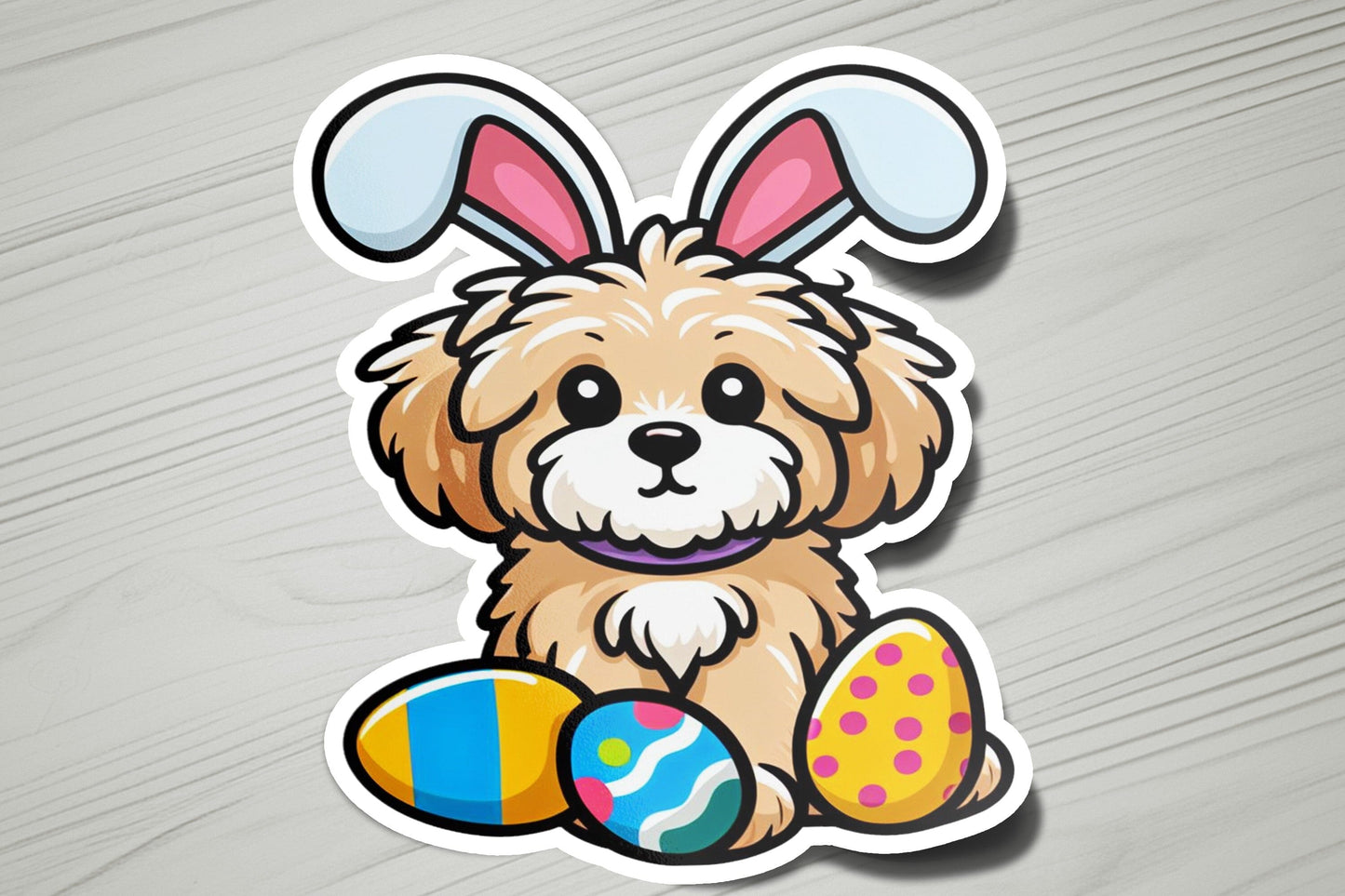 a sticker of a dog with an easter egg