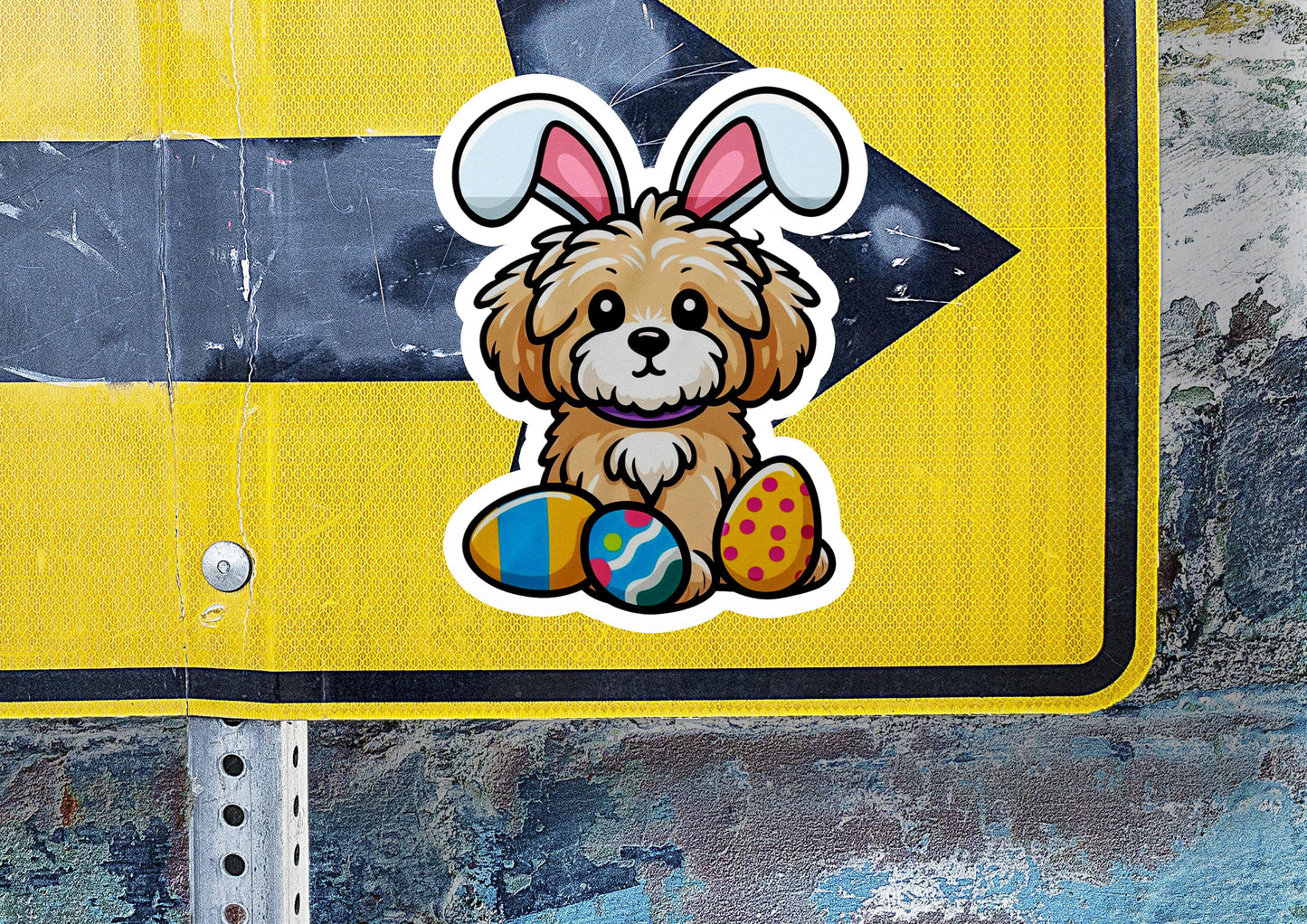 a sticker of a dog with a bunny ears sitting on an easter egg