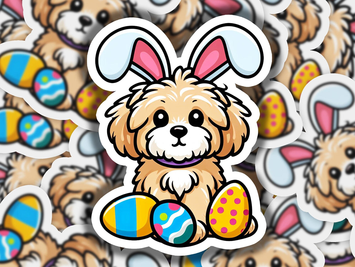 a sticker of a dog with an easter egg