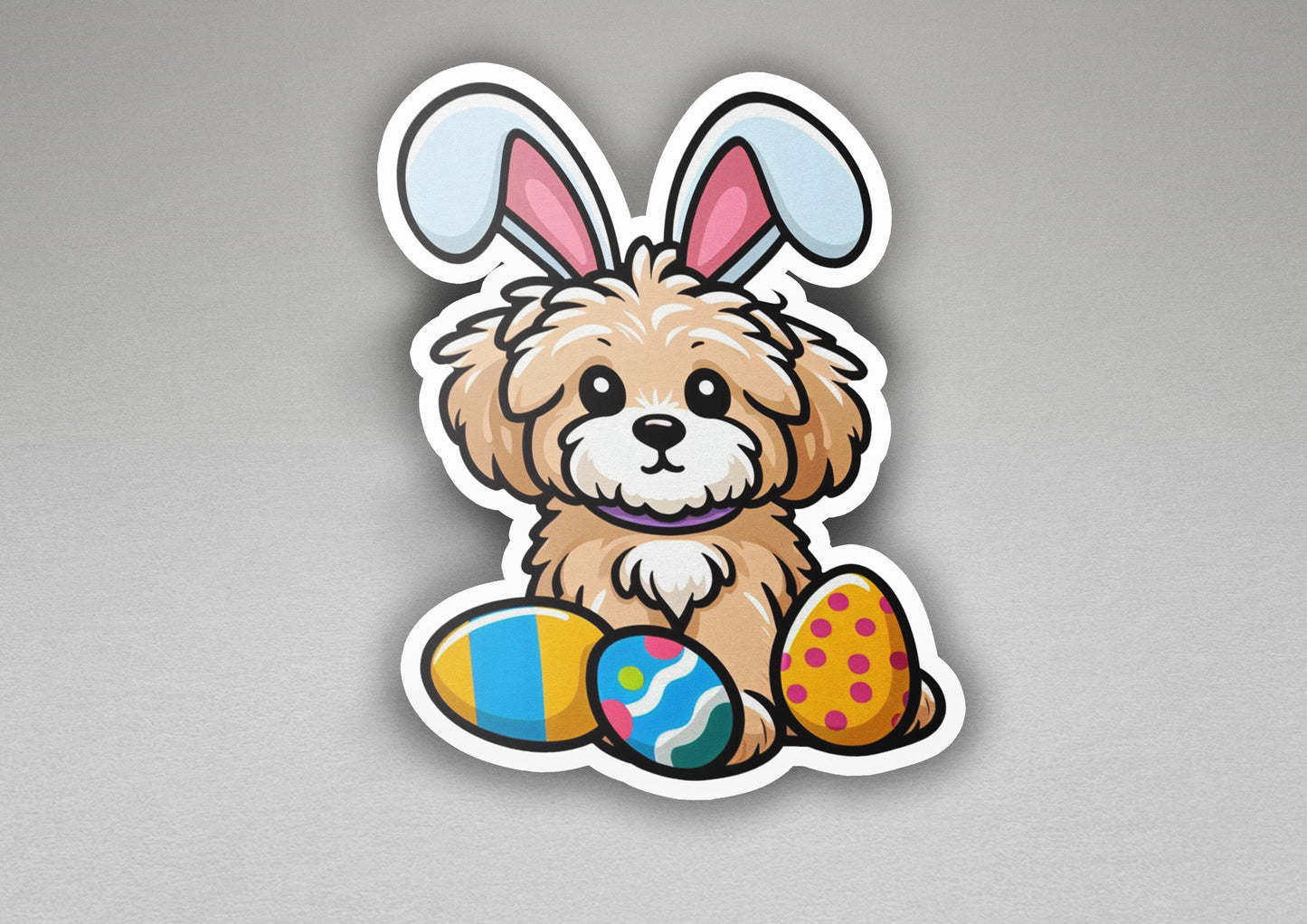 a sticker of a dog with bunny ears and eggs