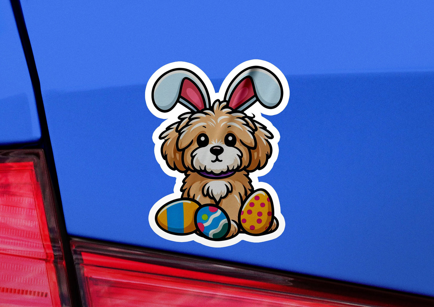a sticker of a dog with an easter egg
