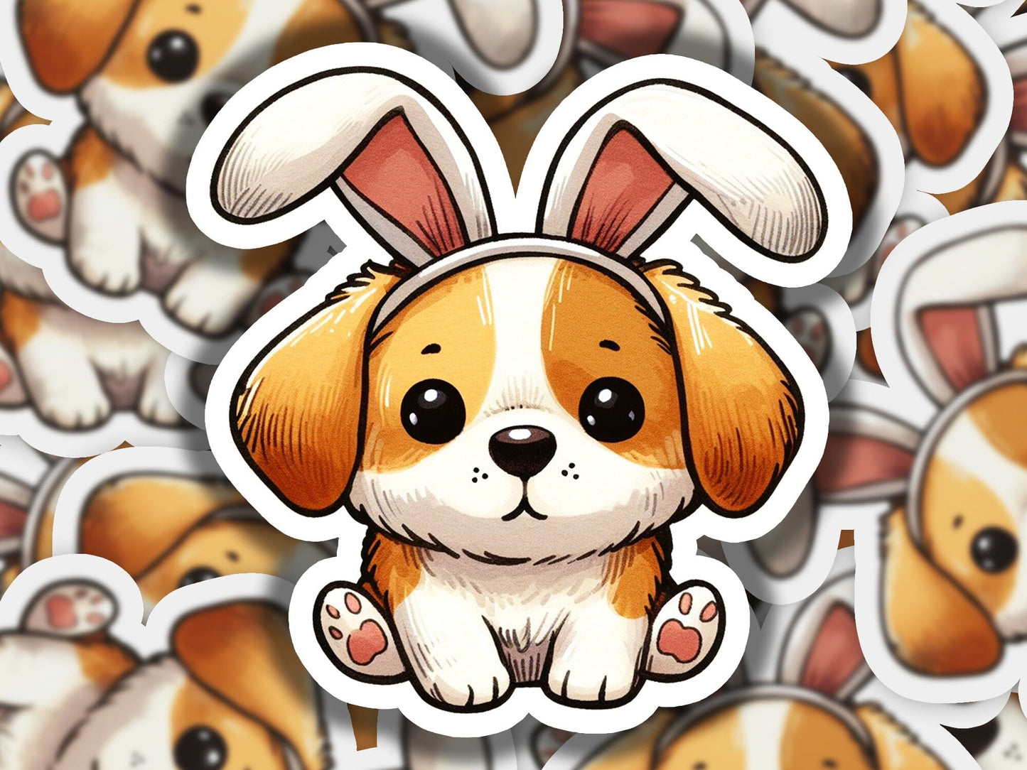 a sticker of a dog with ears sticking out of it's face