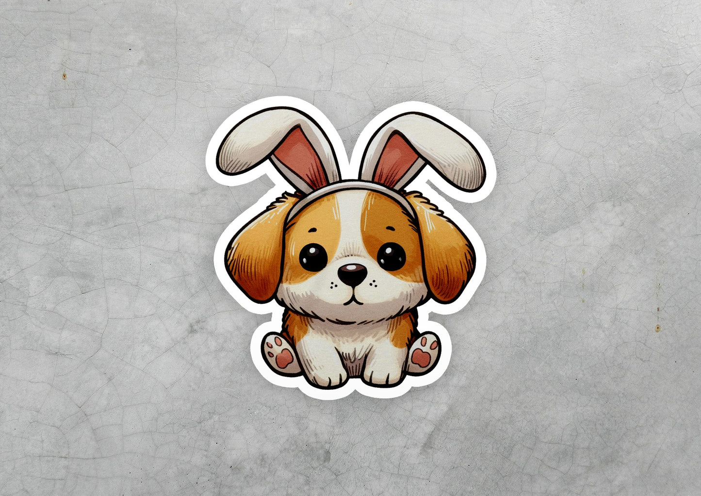 a sticker of a dog with bunny ears