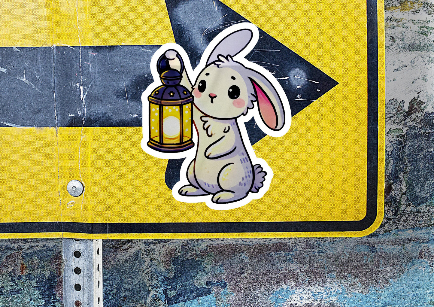 a sticker of a rabbit holding a lantern