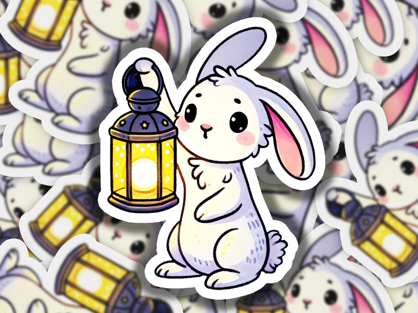 a sticker of a rabbit holding a lantern